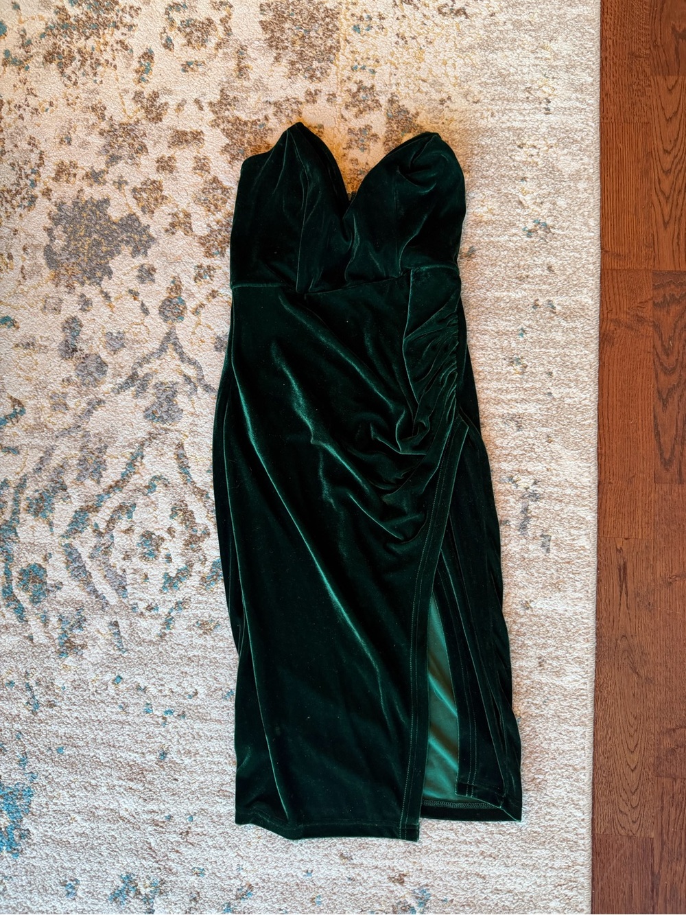 Strapless Emerald Green Velvet Ruched Midi Dress
